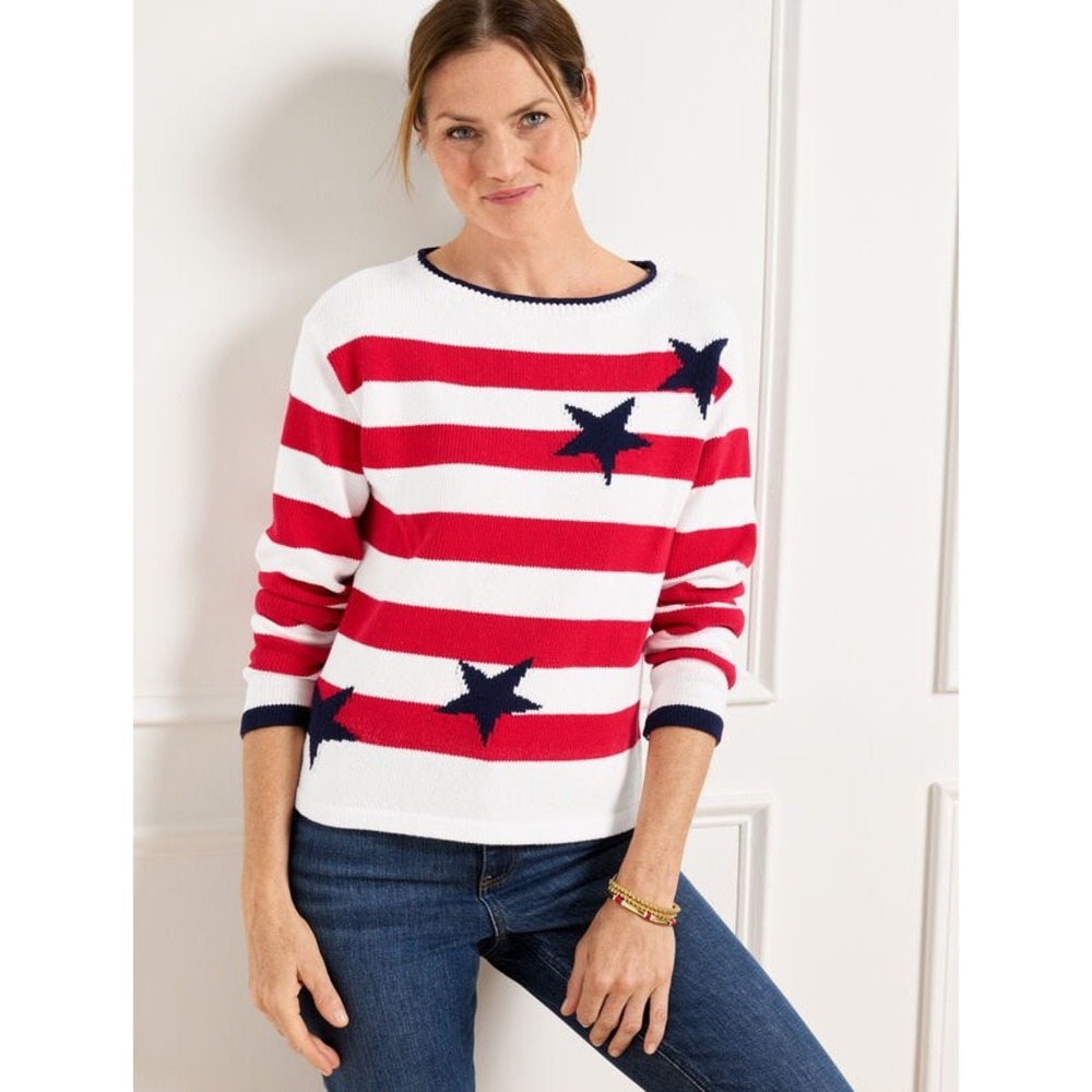 Talbots Women's 2X Boatneck Stars & Stripes Sweater Nautical Americana